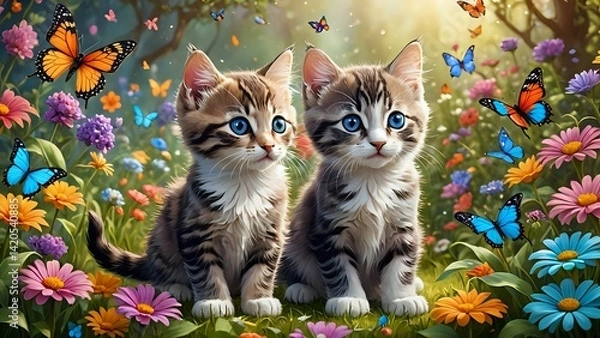 Fototapeta Two Adorable Kittens Sitting in a Flower Garden with Butterflies