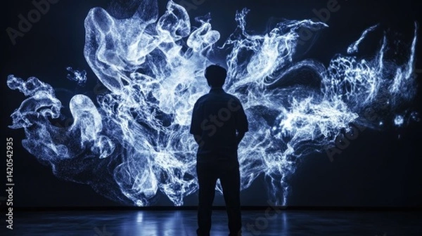 Obraz Silhouette of a Man Observing a Large Blue Abstract Digital Art Projection on a Dark Background