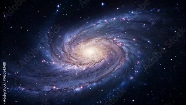 Fototapeta Spiral galaxy with bright core and swirling arms. Represents astronomy and space