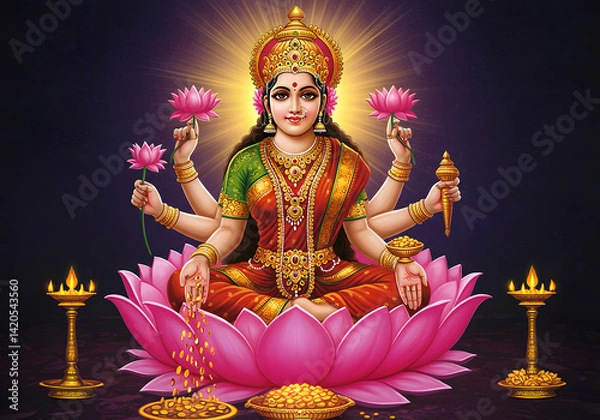 Fototapeta Goddess Lakshmi Indian Deity of Wealth, Prosperity and Fortune, Lotus Pose with Flowers and Gold.