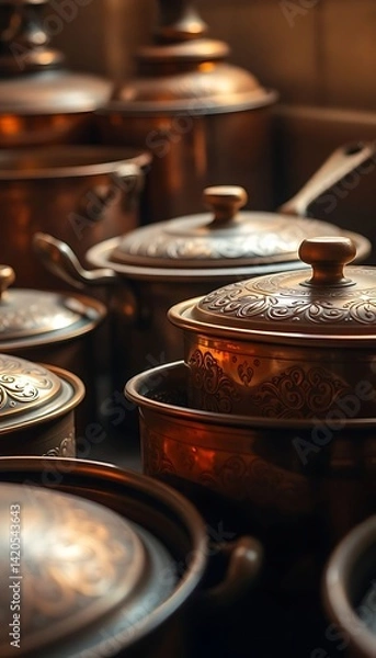 Obraz bunch of pots and pans sitting on a table