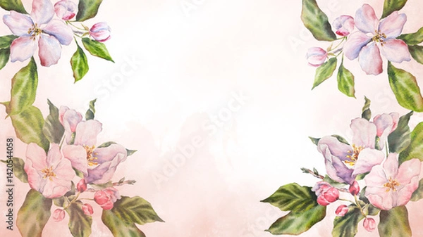 Obraz Watercolor illustration of an apple tree branch with blooming pink flowers, green leaves, buds. Floral banner. Hand painted botanical set perfect for invitations, cards, spring designs, and packaging