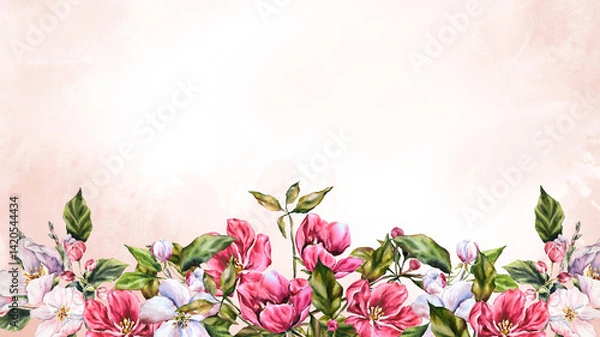 Obraz Watercolor illustration of an apple tree branch with blooming pink flowers, green leaves, buds. Floral banner. Hand painted botanical set perfect for invitations, cards, spring designs, and packaging