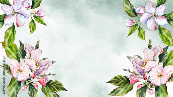 Obraz Watercolor illustration of an apple tree branch with blooming pink flowers, green leaves, buds. Floral banner. Hand painted botanical set perfect for invitations, cards, spring designs, and packaging