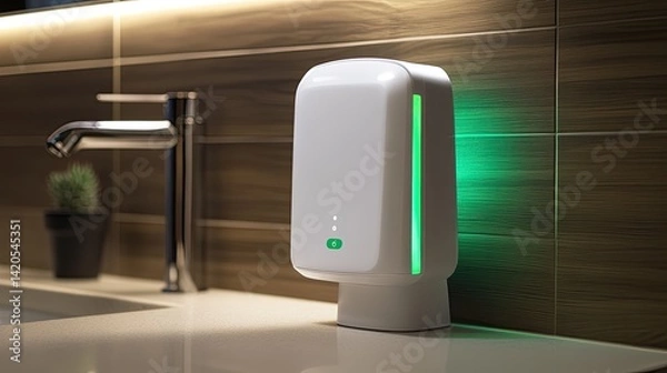 Obraz White Automatic Hand Sanitizer Dispenser with Green Light in Modern Bathroom