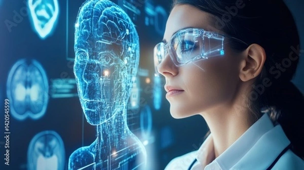 Fototapeta Woman in futuristic glasses viewing holographic brain scan for artificial intelligence medicine