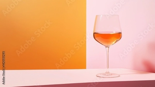 Fototapeta A glass of orange-hued wine stands against a bold two-tone background with pink and orange colors
