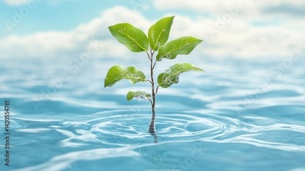 Fototapeta Freshly sprouted plant in calm water, a symbol of new beginnings.
