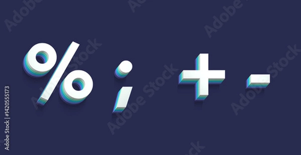 Obraz set of 3d white punctuation marks on blue background, percent, semicolon, plus, minus