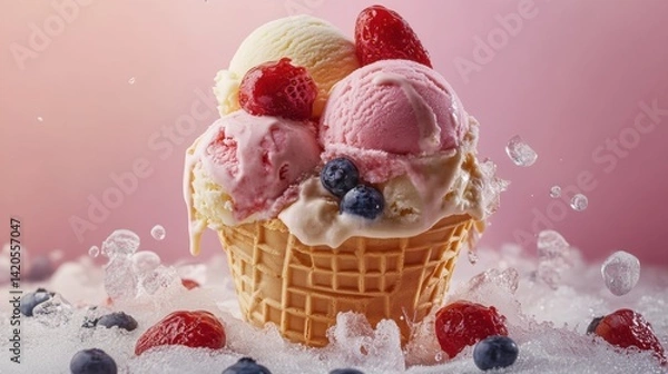Fototapeta Delicious ice cream cone with assorted flavors and fresh fruit toppings on a bed of crushed ice against pink backdrop