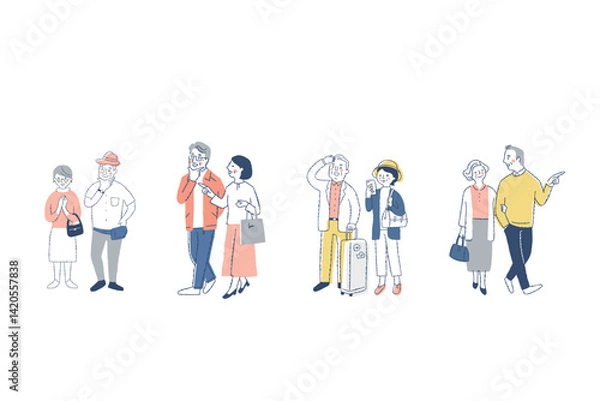 Obraz 一緒に歩いているシニアカップル4組　　セット