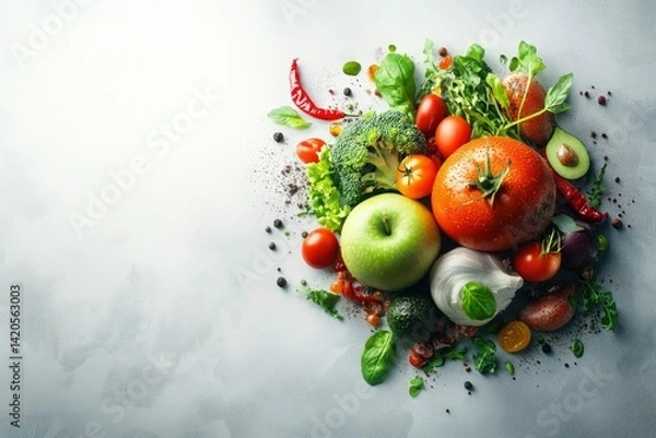 Fototapeta Vegetable and Fruit Still Life Tomato, Apple, Broccoli