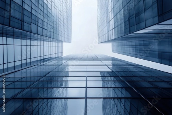Fototapeta Modern architectural perspective of glass skyscrapers reaching toward the sky, emphasizing urban design and upward growth