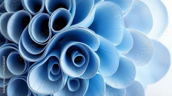 Fototapeta Blue curled paper art design on white background with copy space for text