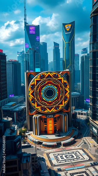 Fototapeta Futuristic Space City with Advanced Architecture and Orbiting Satellites in Deep Space