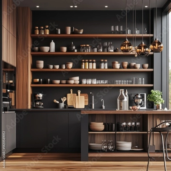 Fototapeta A kitchen with a black countertop and wooden shelves. There are many bowls and plates on the shelves