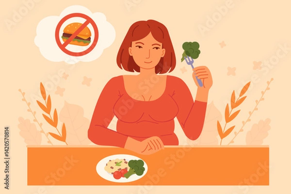 Fototapeta Smiling woman eating healthy vegetables and refusing fast food. Concept of clean eating and diet improvement. Stock vector illustration in cartoon style.