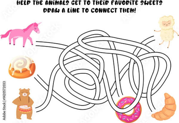 Fototapeta Funny maze game with a unicorn, bear and sheep looking for their favorite desserts. Bright cartoon style with cinnamon roll, donut, croissant. Stock vector illustration in flat cartoon style.