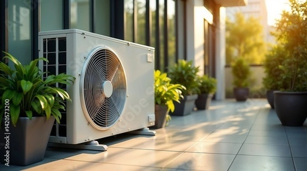 Fototapeta An outdoor air conditioning unit placed on a modern patio surrounded by plants in pots, creating an impression of energy efficiency and environmental compatibility.

