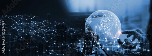 Fototapeta Internet network connection, digital technology, big data, digital marketing IoT internet of things. Woman using mobile phone and digital tablet surfing internet, innovative technology background