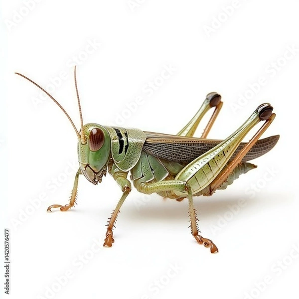 Fototapeta Close-up of a vibrant green grasshopper, isolated on a pure white background. Detailed view of its intricate body and textures.