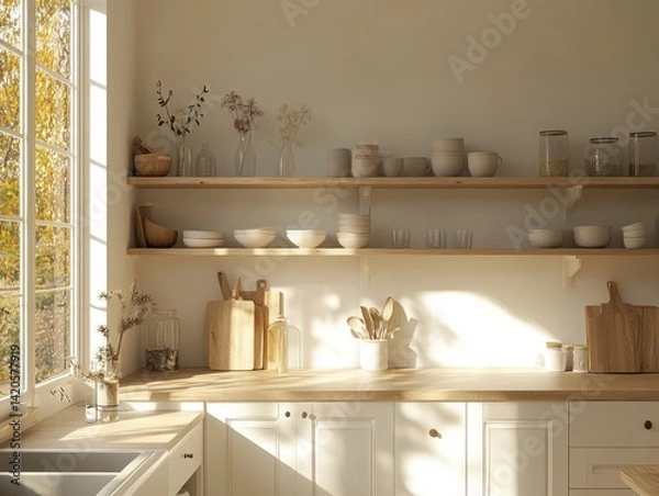 Fototapeta A kitchen with a window and a wooden counter. There are many bowls and plates on the shelves