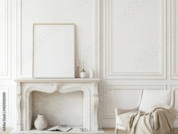 Obraz A white fireplace with a white mantle and a white chair with a white blanket on it. A framed picture is on the mantle