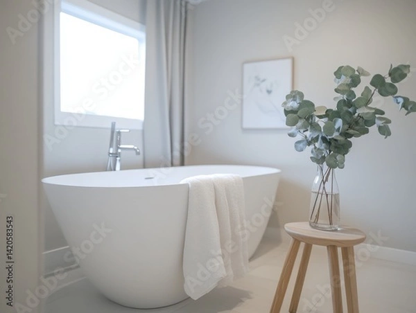 Obraz A bathtub with a white towel draped over it. A vase of green leaves sits on a stool next to the bathtub