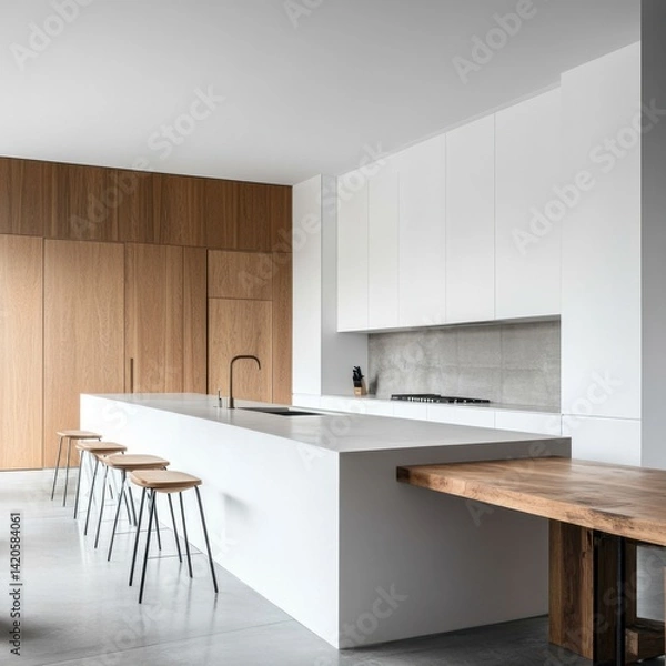 Fototapeta A kitchen with a white counter and a wooden table. There are four stools in front of the counter