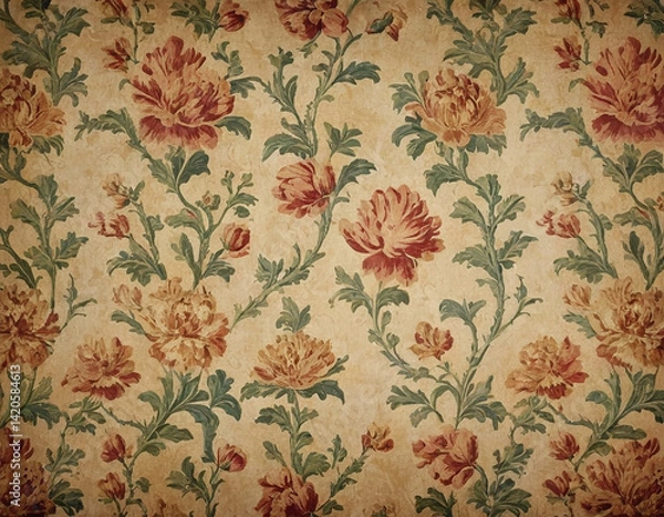 Fototapeta Retro wallpaper with floral pattern, Victorian style, distressed texture overlay