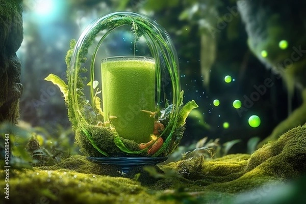 Fototapeta 
A vibrant lime-green smoothie in a futuristic glass pod, levitating above a mossy jungle floor, with glowing plant tendrils and floating energy orbs nearby