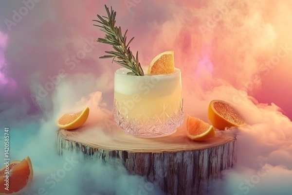 Fototapeta 
A white grapefruit lemonade in a levitating crystal chalice, with rosemary branches like a tree, illuminated wooden slab, citrus segments orbiting in pastel fog