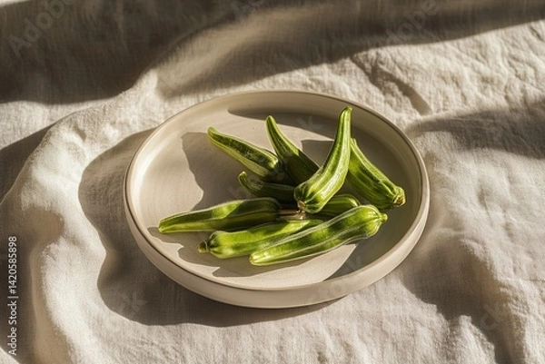 Fototapeta 
Fresh okra pods scattered on a round white plate, set on a linen base with soft shadows, creating a clean and simple natural food composition