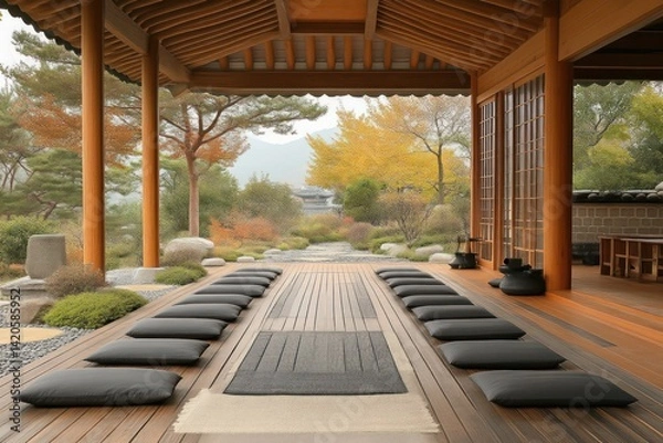Fototapeta Serene Meditation Space with Traditional Architecture and Autumnal Garden View
