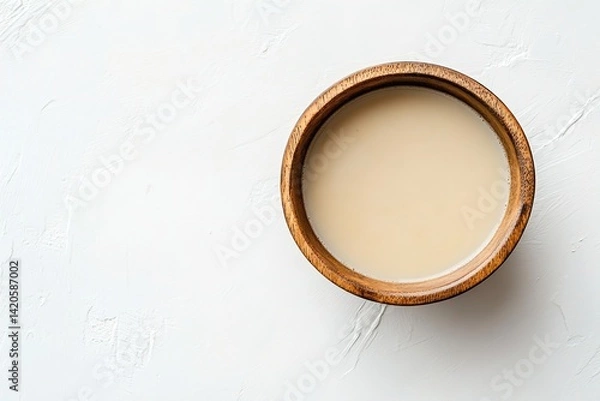 Fototapeta A bowl of miso soup in a small wooden bowl, featuring clean lines and a simple layout with calming tones, set against a white background