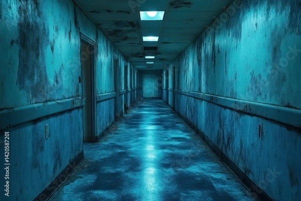 Fototapeta Eerie BlueLit Corridor with Weathered Walls and Fluorescent Lighting Ideal for Horror Myster