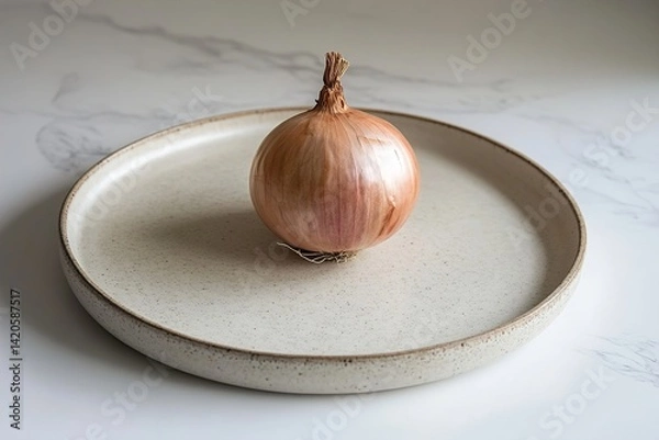 Fototapeta A single onion with dry papery skin, placed on a round ceramic tray, creating a clean and modern setting with natural simplicity