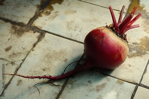 Fototapeta A whole beetroot with the stem attached, placed on a clean tiled surface, showcasing its vibrant color and natural beauty in a minimalist setting.

