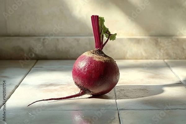 Fototapeta A whole beetroot with the stem attached, placed on a clean tiled surface, showcasing its vibrant color and natural beauty in a minimalist setting.

