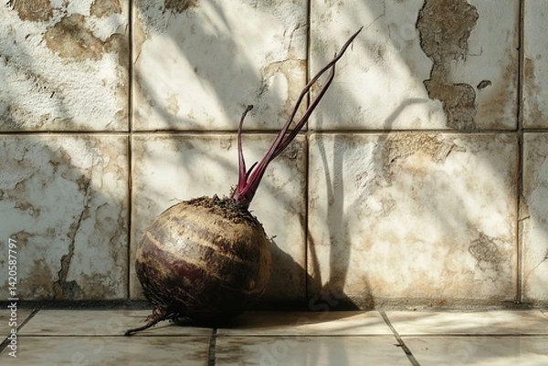 Fototapeta A whole beetroot with the stem attached, placed on a clean tiled surface, showcasing its vibrant color and natural beauty in a minimalist setting.

