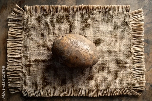 Obraz A whole potato with earthy skin, resting on a jute mat, creating a minimal country-style setup with natural textures and simple rustic charm

