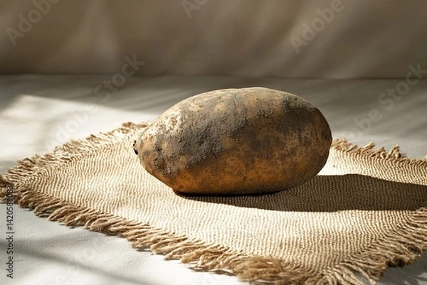 Fototapeta A whole potato with earthy skin, resting on a jute mat, creating a minimal country-style setup with natural textures and simple rustic charm

