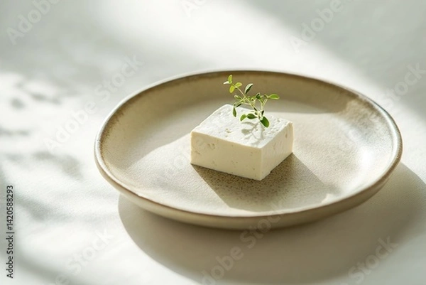 Obraz A plain tofu cube on a small neutral-toned plate, garnished with a tiny sprig of green, captured with soft shadows against a white backdrop

