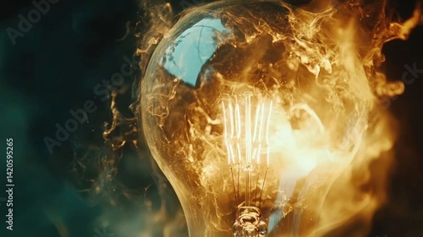 Fototapeta Close-up of a glowing lightbulb turning on, filaments igniting in slow motion against a dark background