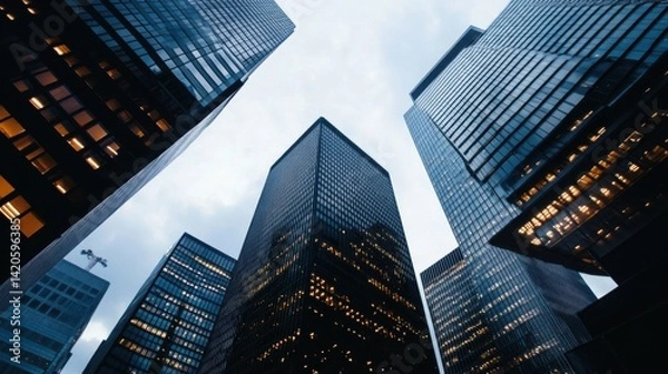 Fototapeta Skyscrapers reaching towards a cloudy sky, featuring architectural details and illuminated windows at dusk
