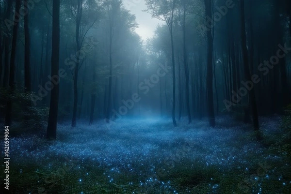 Fototapeta Enchanted Forest at Night with Bioluminescent Flowers and Misty Atmosphere