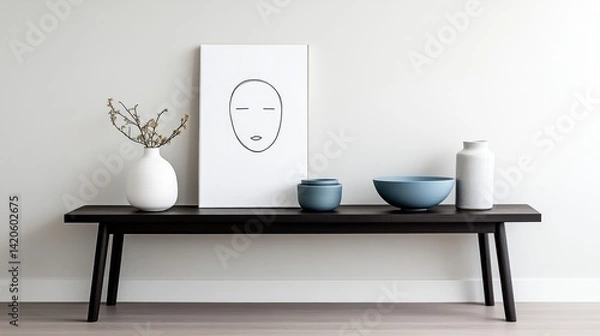 Fototapeta Modern console table with minimalist decor.  A simple, dark wooden console table, accented with a minimalist white vase, a gray-blue bowl, and a dark gray/indigo bowl. 