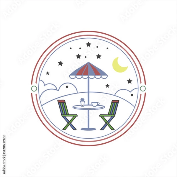 Obraz Whimsical Outdoor Café Scene with Stars, Moon, and Umbrella Table