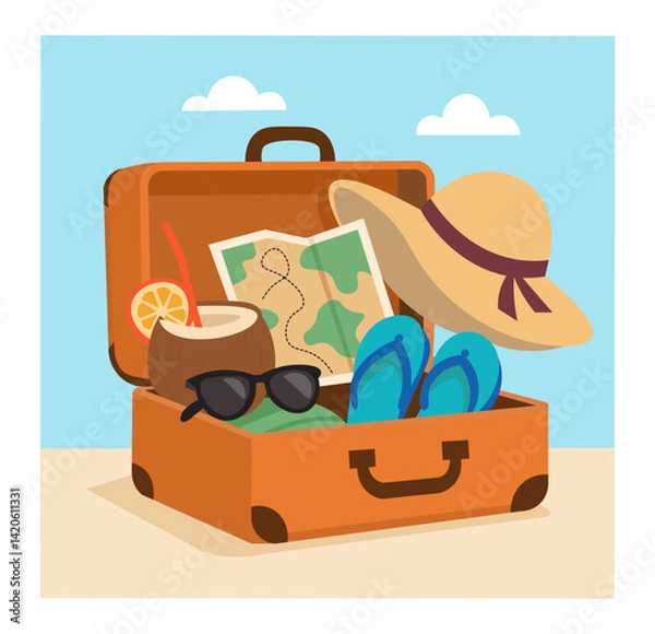 Fototapeta Vacation Travel Essentials Suitcase with Beach Accessories Illustration. Summer Trip Vector Open Luggage with Travel Items and Coconut Drink. Cartoon Beach Holiday Packing Sunglasses, Map, Flip-Flops.