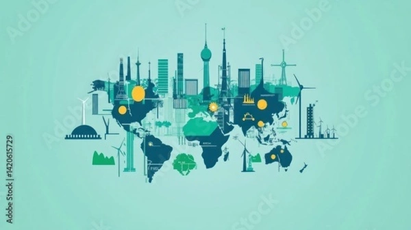 Fototapeta Global sustainable development initiatives illustrated on a world map.